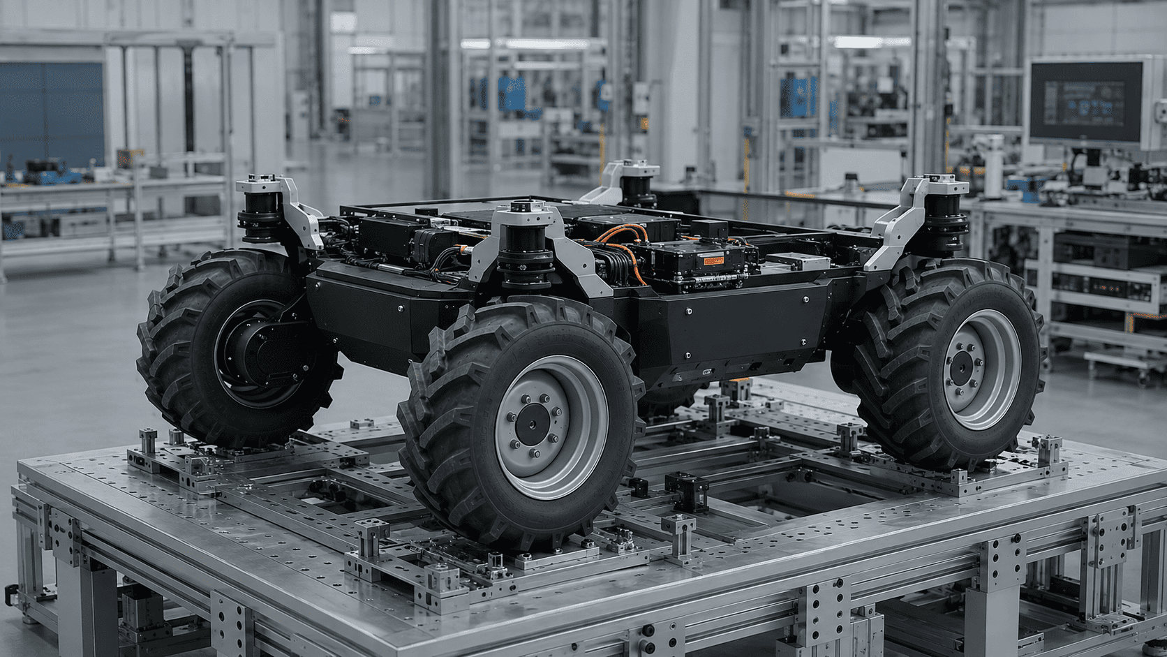 Agricultural Robot rolling chassis with wheels, drives, electronics and exposed cabling