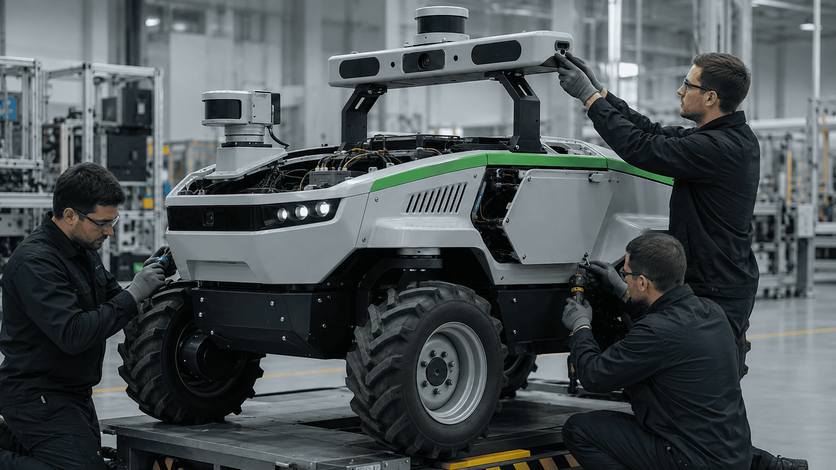 Technicians integrating the Agricultural Robot body and upper sensor structure